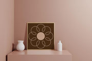 Earthy Circle in Brown art poster displayed on a minimalist shelf with decorative vases