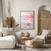Elegant Swan Wall Art Poster in a serene setting with soft pink hues and a tranquil lake view
