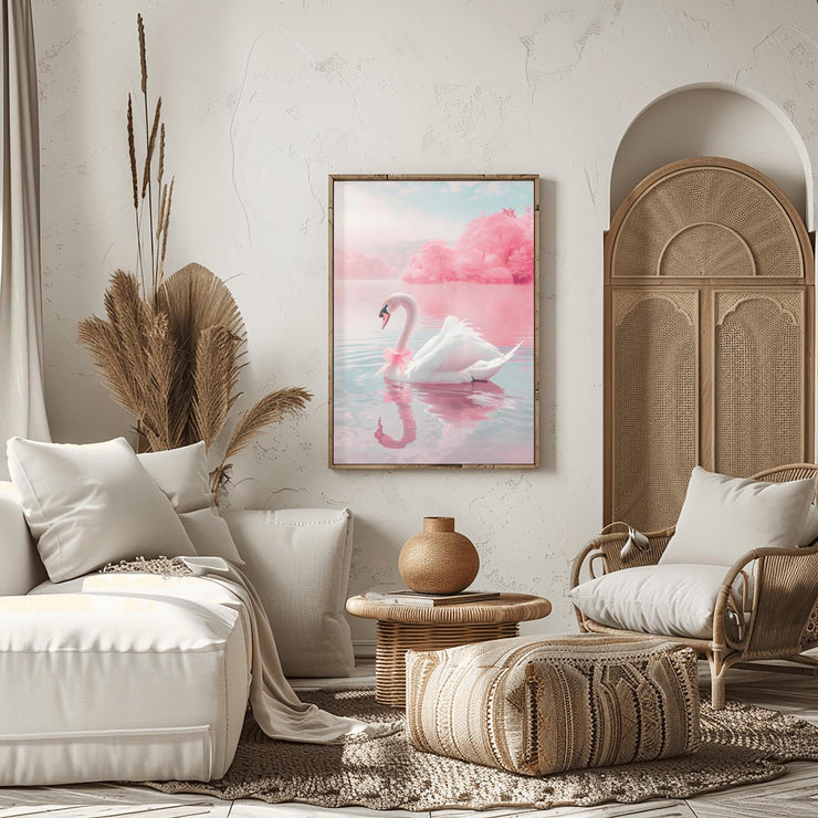 Elegant Swan Wall Art Poster in a serene setting with soft pink hues and a tranquil lake view