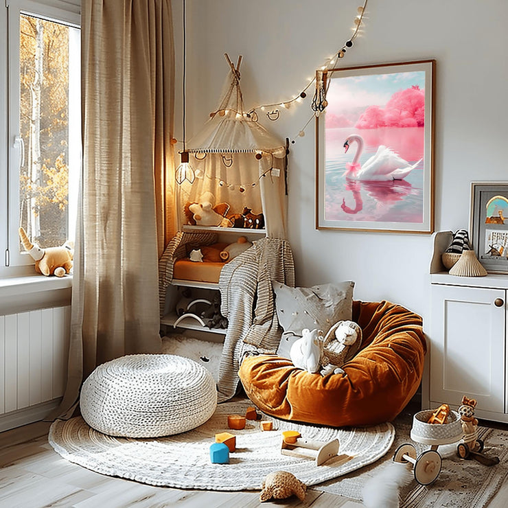Elegant Swan Wall Art Poster displayed in a cozy room with soft decor and natural light