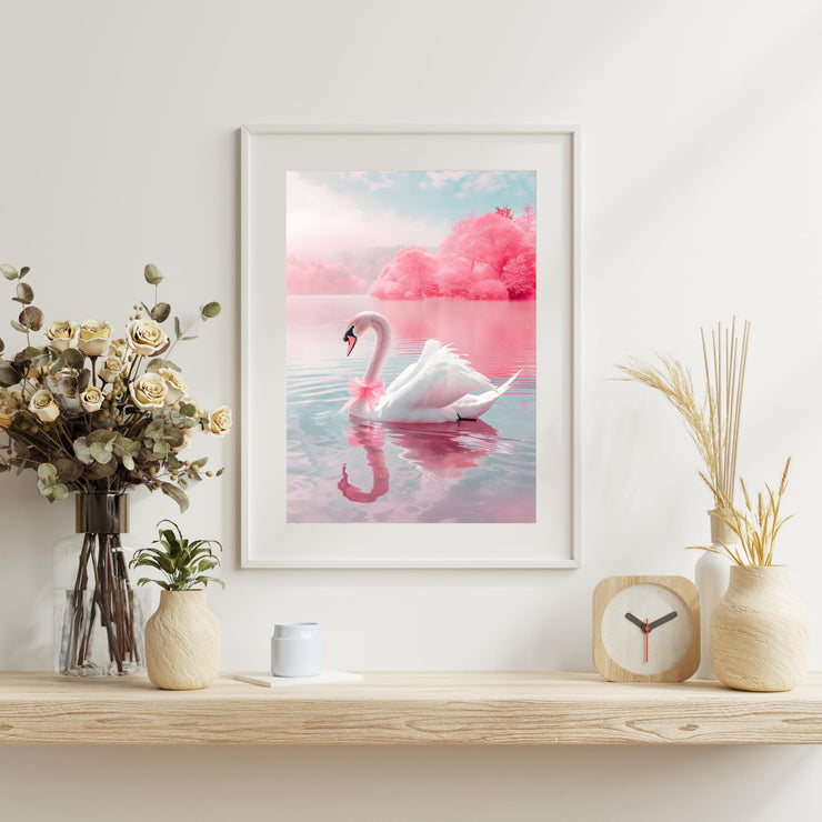 Elegant Swan Wall Art Poster featuring a graceful swan on a serene lake with soft pastel colors