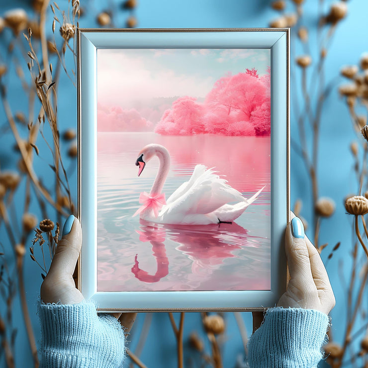Elegant Swan Wall Art Poster displayed in a frame with soft pastel colors and nature background