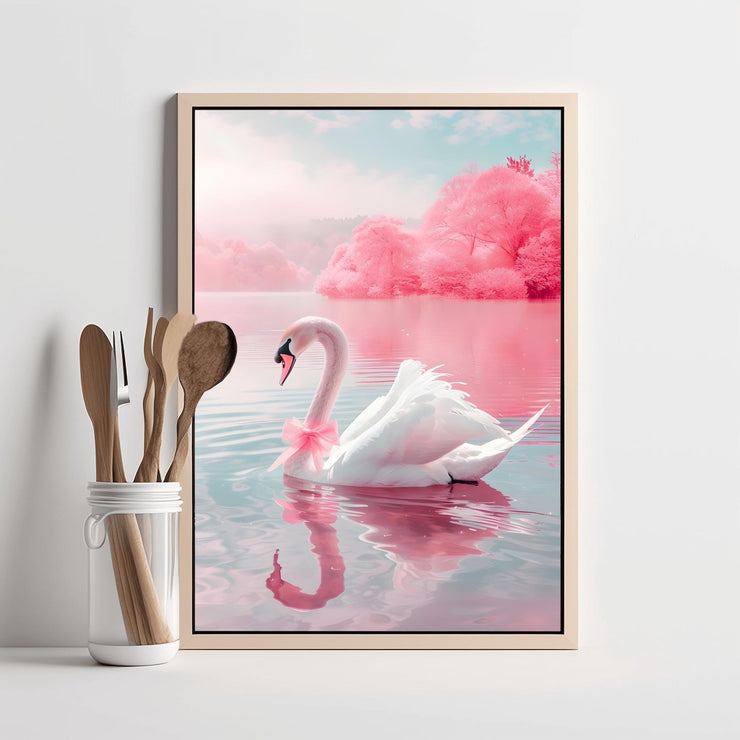 Elegant Swan Wall Art Poster featuring a pink-tinted swan on a serene water background