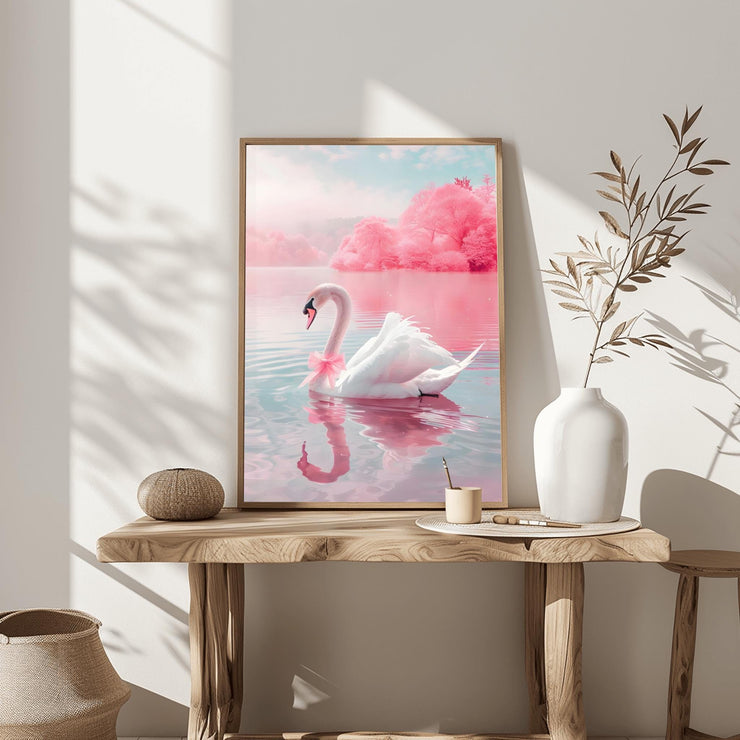 Elegant Swan Wall Art Poster featuring a serene lake scene with a gracefully swimming swan
