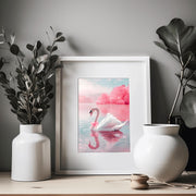 Elegant Swan Wall Art Poster framed on a wall with minimalist decor and plants