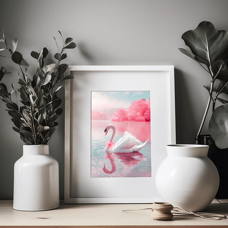 Elegant Swan Wall Art Poster framed on a wall with minimalist decor and plants