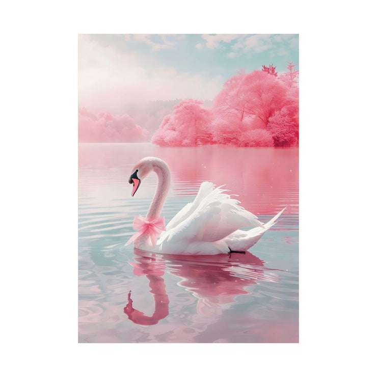 Elegant Swan Wall Art Poster featuring a graceful swan on a serene lake with pink trees in the background