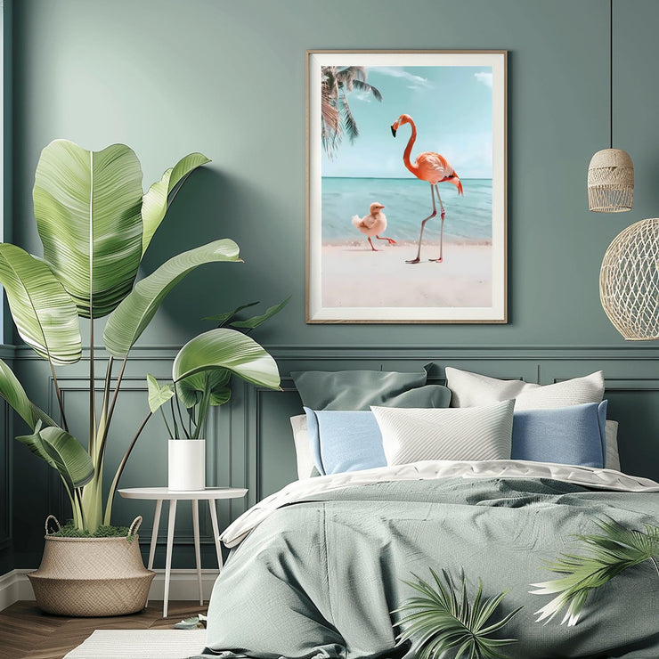 Flamingo and Chick Beach Art Print framed in a stylish coastal room with plants and soft bedding