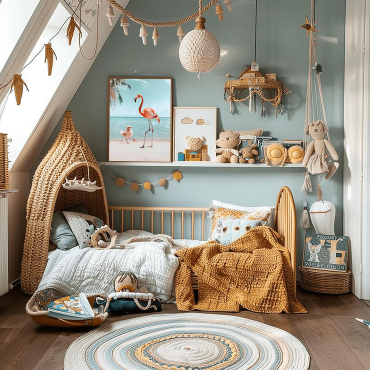 Cozy nursery featuring Flamingo and Chick Beach Art Print above a crib and decorative elements
