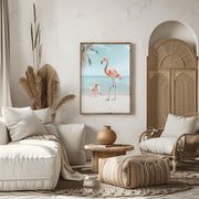 Flamingo and Chick Beach Art Print displayed in a stylish living room with tropical decor