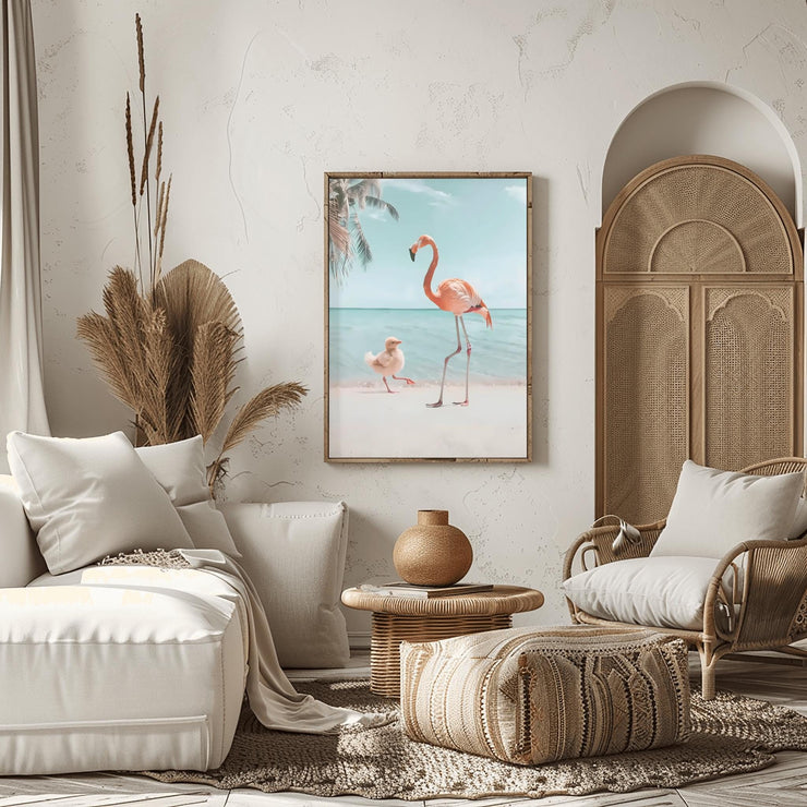 Flamingo and Chick Beach Art Print displayed in a stylish living room with tropical decor