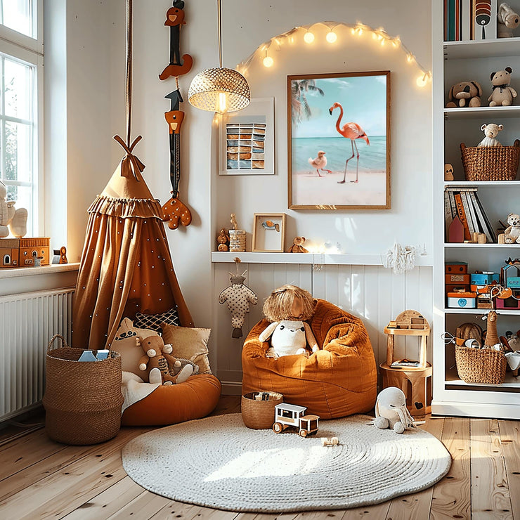 Flamingo and Chick Beach Art Print in a Cozy Nursery Decor with Soft Toys and Warm Lighting