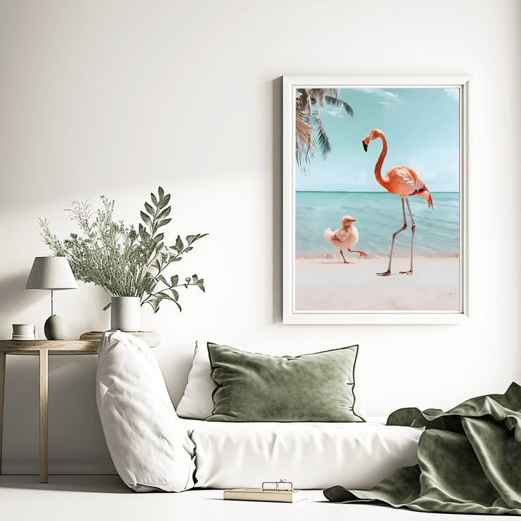 Flamingo and Chick Beach Art Print displayed in a cozy living room setting with modern decor