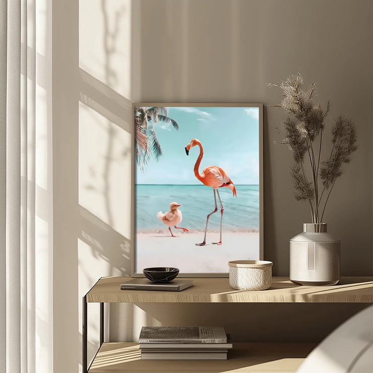 Flamingo and Chick Beach Art Print featuring a vibrant flamingo and chick by the ocean