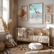 Flamingo and Chick Beach Art Print in a cozy nursery setting with natural decor