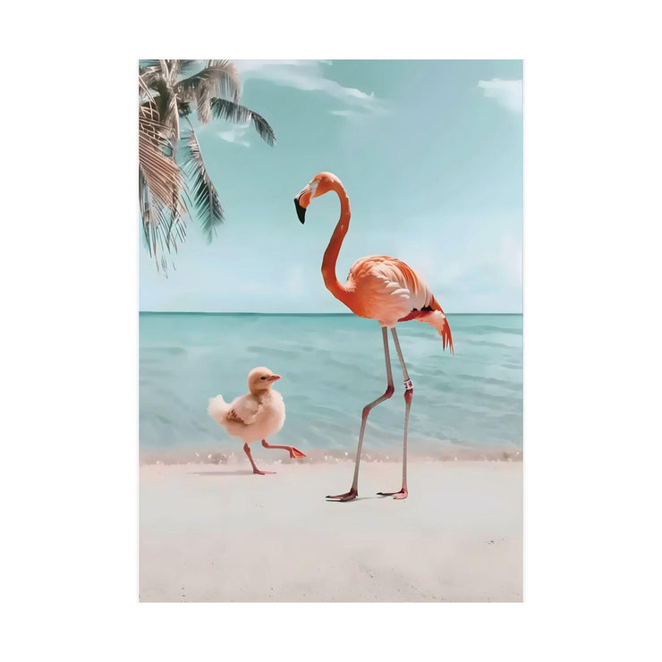 Flamingo and Chick Beach Art Print featuring a vibrant scene of a flamingo and its chick by the ocean