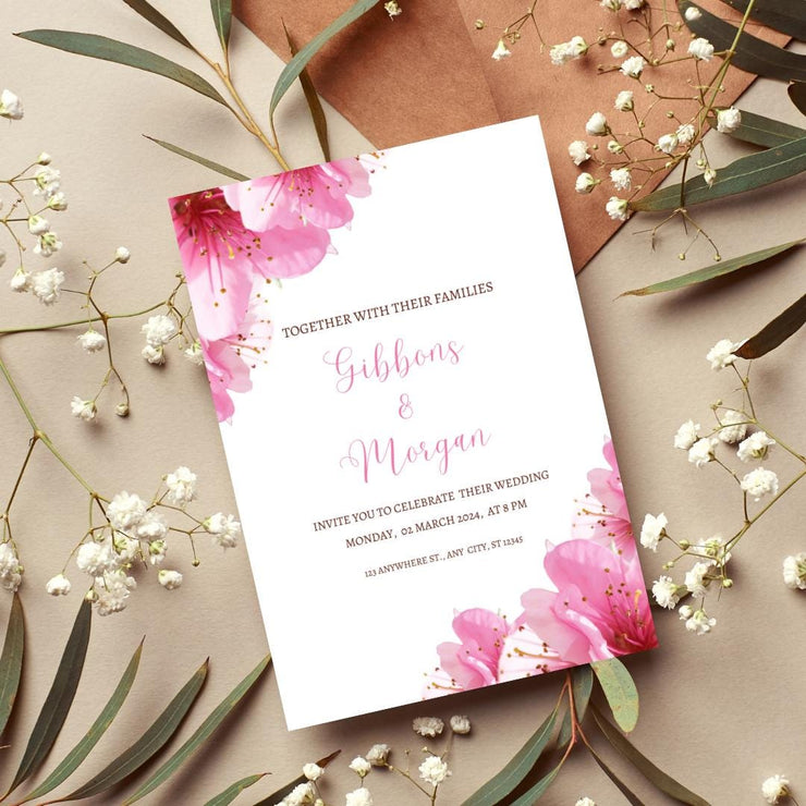 Floral Pink Wedding Invitation Template featuring elegant designs and romantic text for a wedding celebration