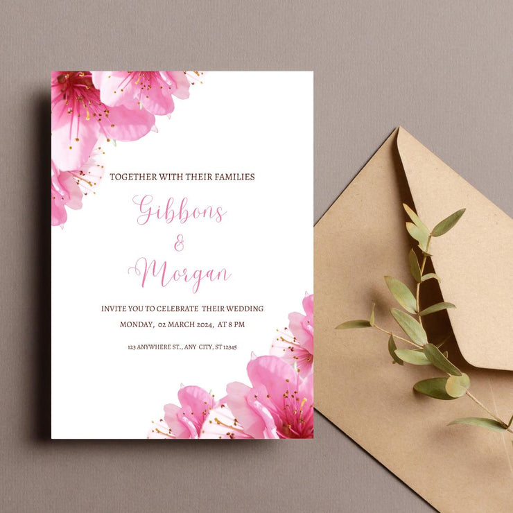 Floral Pink Wedding Invitation Template featuring pink flowers, elegant script, and matching envelope design