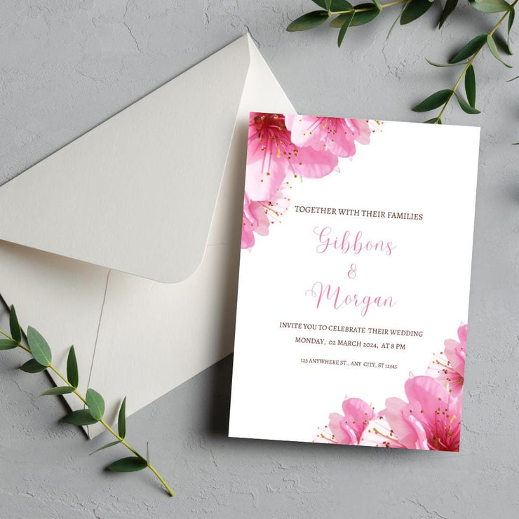 Floral Pink Wedding Invitation Template featuring elegant floral designs and soft colors