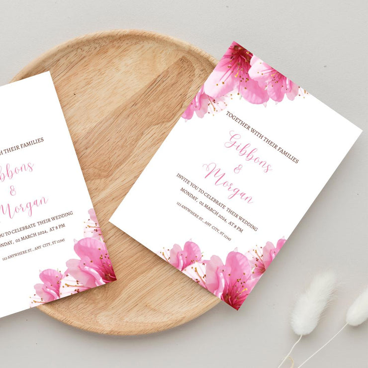 Floral Pink Wedding Invitation Template featuring pink flowers and elegant typography for a romantic wedding