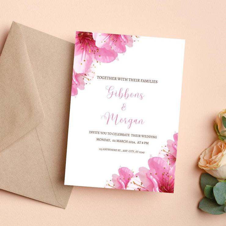 Floral Pink Wedding Invitation Template featuring elegant design and soft pink flowers for a romantic invitation