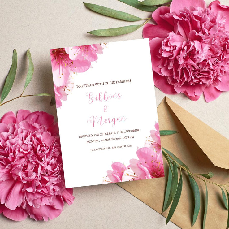 Floral Pink Wedding Invitation Template featuring pink flowers and elegant typography for wedding celebrations