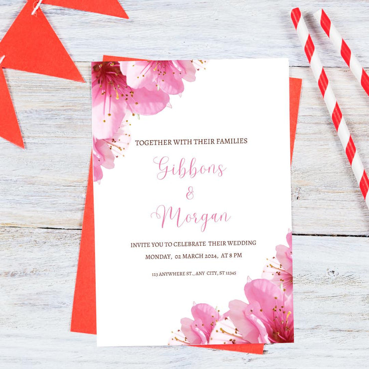 Floral Pink Wedding Invitation Template featuring elegant floral accents and a personalized layout