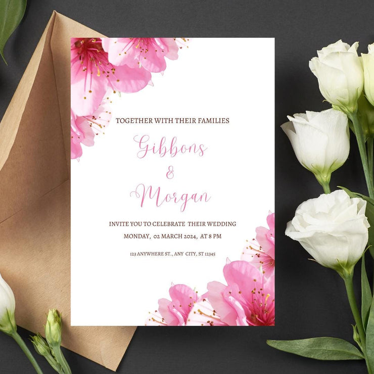 Floral Pink Wedding Invitation Template featuring elegant floral design and customizable text for wedding celebrations