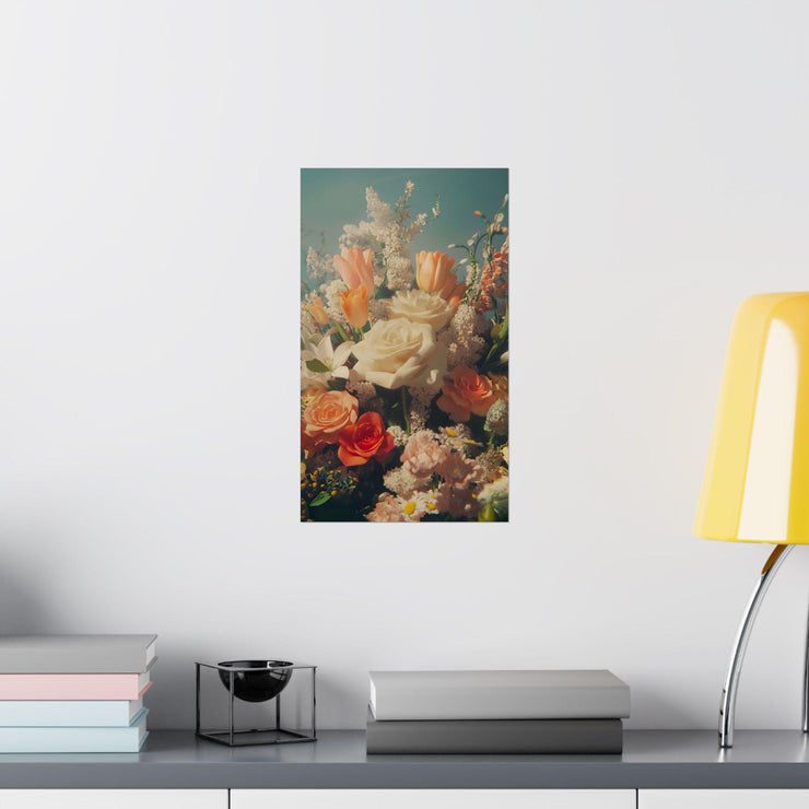 Floral Poster Vibrant Flower Bouquet Art Print Realistic Roses displayed on a modern wall with decorative items