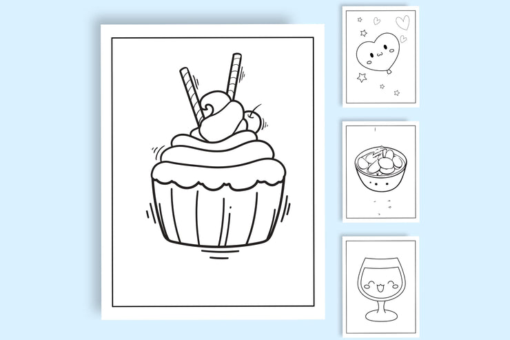 40 pages Fun Kawaii Food Colouring Pages for Kids featuring a cupcake illustration