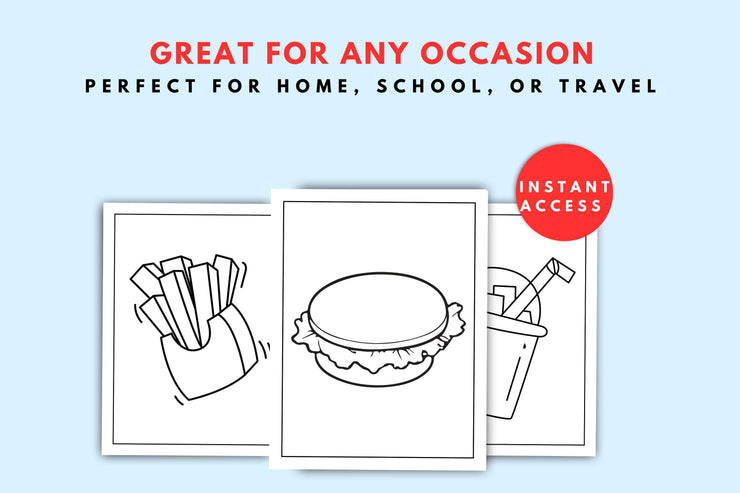 40 pages Fun Kawaii Food Colouring Pages for Kids featuring fries, burger, and drinks for creative fun