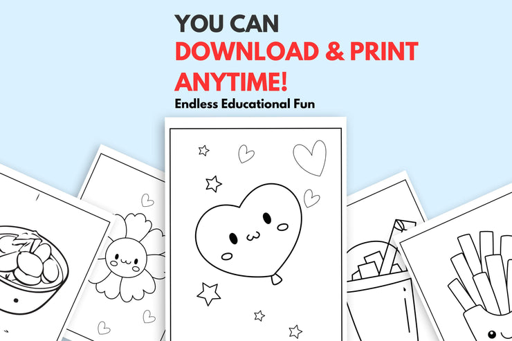 40 pages Fun Kawaii Food Colouring Pages for Kids with cute designs and print options available