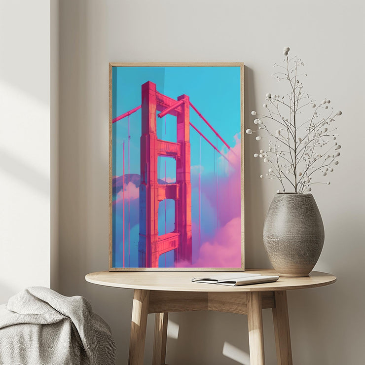 Golden Gate Bridge pink wall art in a stylish frame displayed on a minimalist table