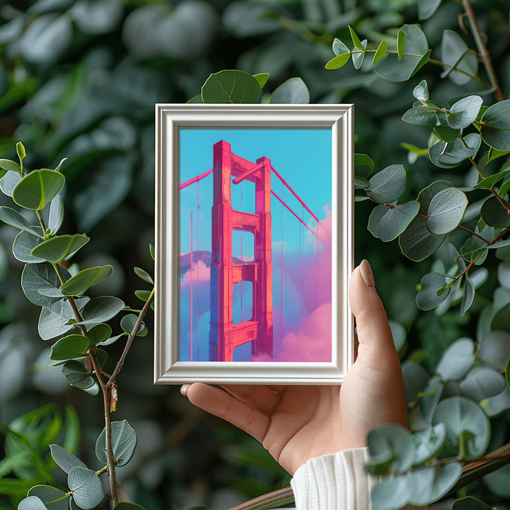 Golden Gate Bridge pink wall art in a silver frame displayed among green foliage