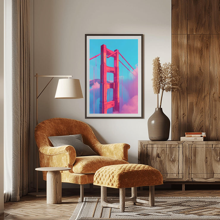 Golden Gate Bridge pink wall art in a modern living room setting with stylish furniture