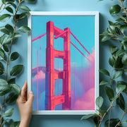 Golden Gate Bridge pink wall art featuring vibrant colors and surreal clouds in a frame