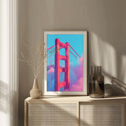 Golden Gate Bridge pink wall art framed in a modern living room setting