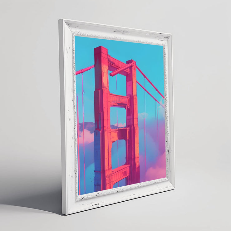 Golden Gate Bridge pink wall art in a white frame with a colorful background