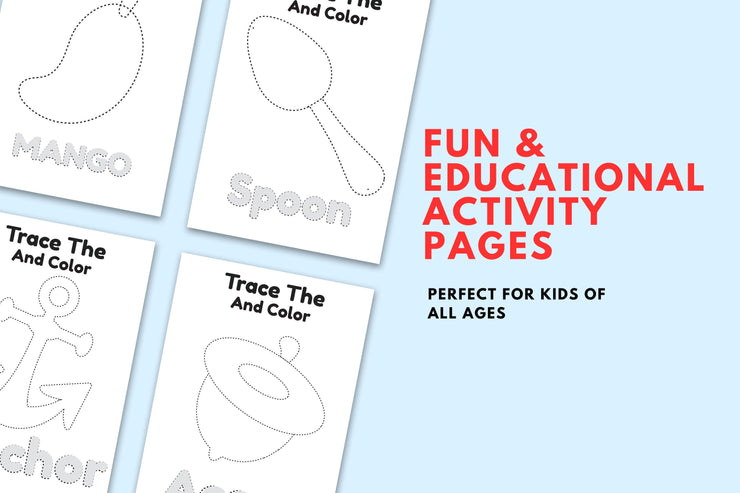 Printable Tracing and Coloring Pages for Kids | Fun Educational Worksheets for Early Learning | Shapes, Fruits, and Objects Activity Pack