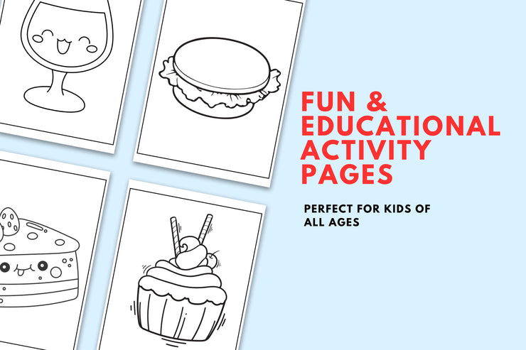 40+ pages Fun Kawaii Food Coloring Pages for Kids - Adults | Printable Taco, Juice & Cute food Outlines | Digital Download