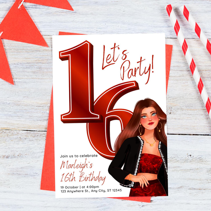 Sweet 16 Birthday Invitation Template | Editable Canva Invitation | Digital Download | Red Themed Invitation for Teens