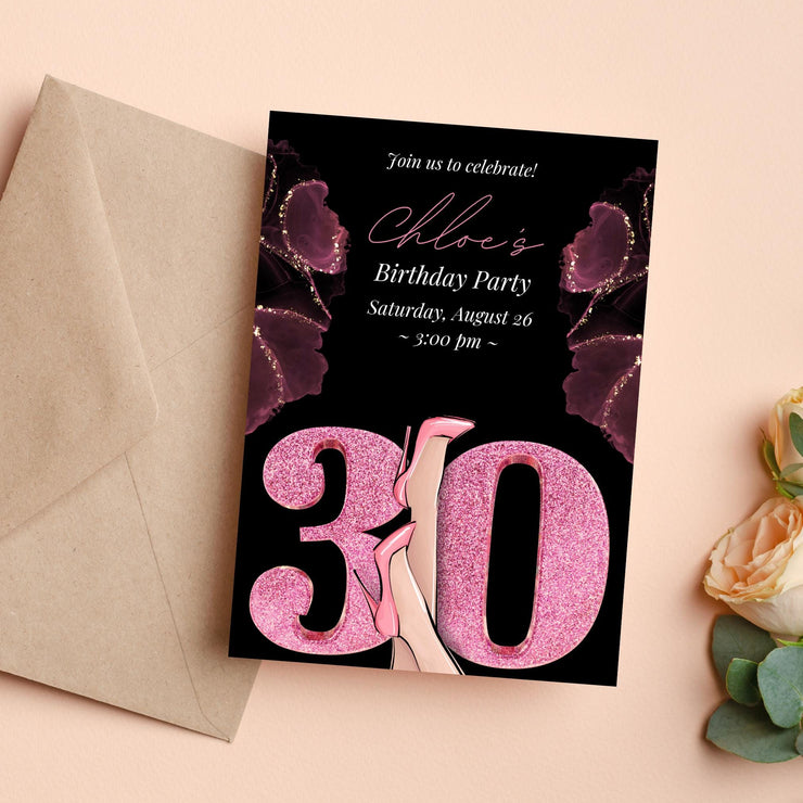 Customizable 30th Birthday Party Invitation | Editable Canva Template | Glam Pink & Glitter High Heels Design | Instant Download