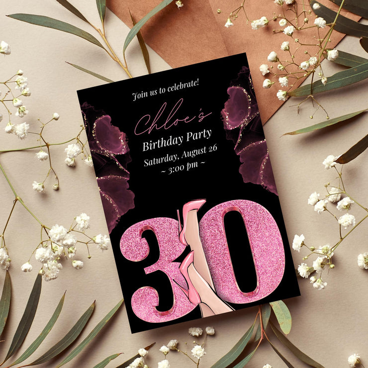 Customizable 30th Birthday Party Invitation | Editable Canva Template | Glam Pink & Glitter High Heels Design | Instant Download