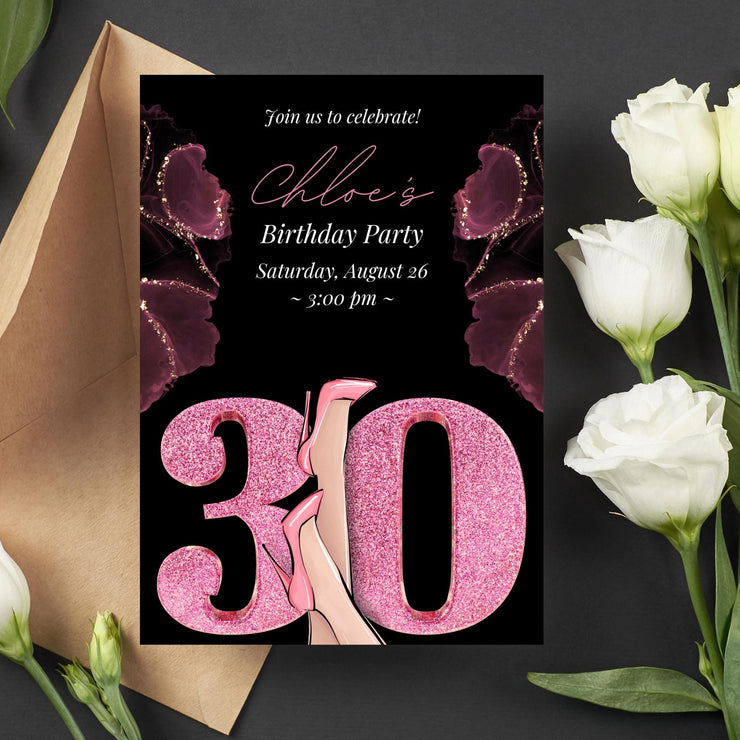 Customizable 30th Birthday Party Invitation | Editable Canva Template | Glam Pink & Glitter High Heels Design | Instant Download