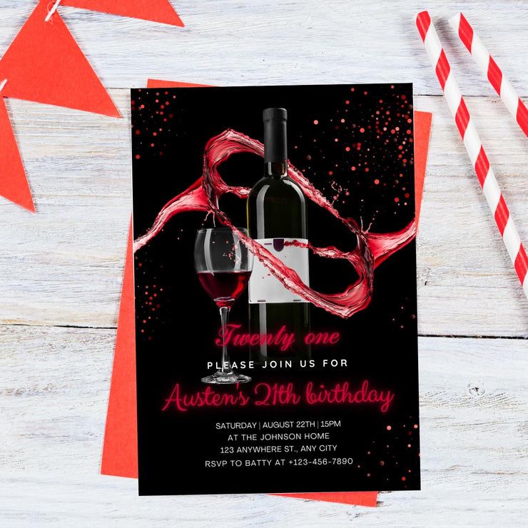 Elegant Red Wine Birthday Party Invitation – Editable Canva Template