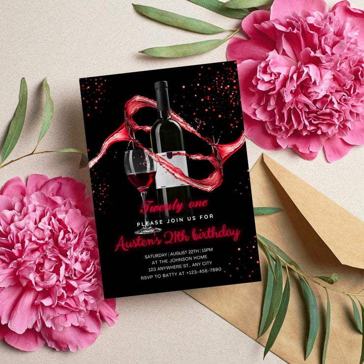 Elegant Red Wine Birthday Party Invitation – Editable Canva Template