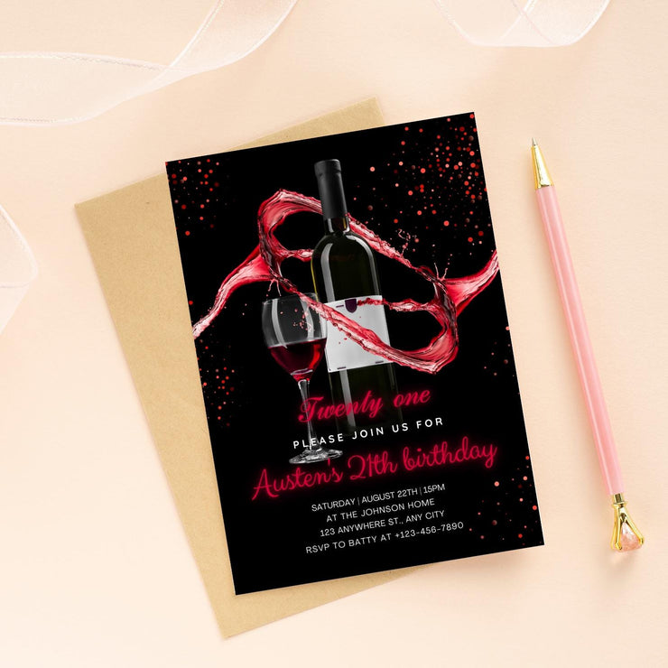 Elegant Red Wine Birthday Party Invitation – Editable Canva Template