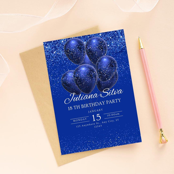 Elegant Blue Sparkle Birthday Invitation - Customizable Canva Template for celebrating Parties