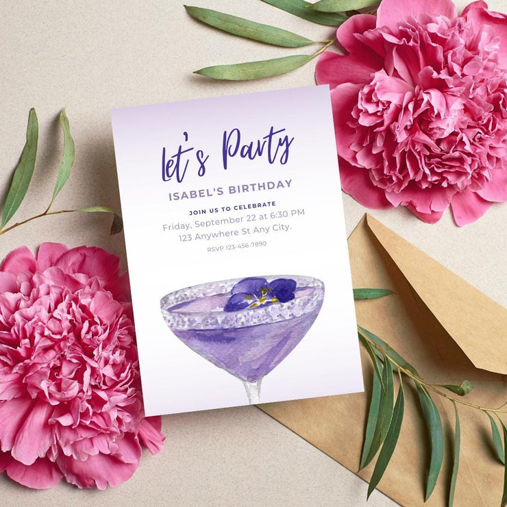 Elegant Violet/ purple Birthday Party Invitation Template – Customizable Canva Design for Any Event- cocktail birthday invitation