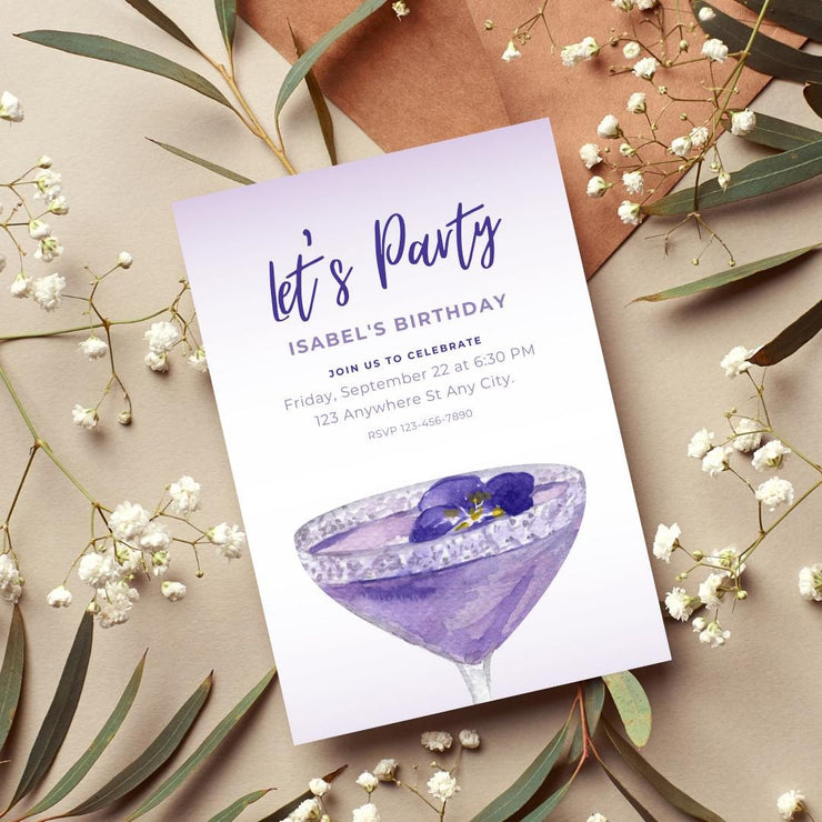 Elegant Violet/ purple Birthday Party Invitation Template – Customizable Canva Design for Any Event- cocktail birthday invitation